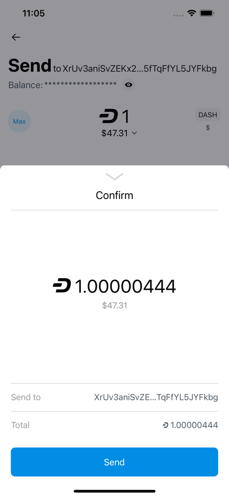 Tela do celular mostrando uma confirmação para enviar uma criptomoeda Dash no aplicativo Dash Wallet.