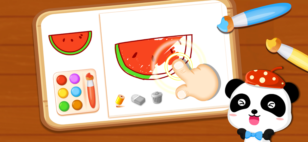 Pictionary-BabyBus - A digital drawing interface showing a child coloring a watermelon slice next to a cartoon panda