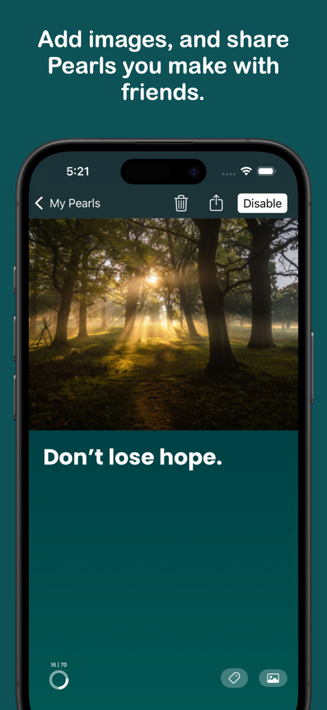 Pearl: Meaningful Reminders - A mobile screen from the Pearl app showing a custom reminder with a forest sunrise image and the text Don't lose hope.