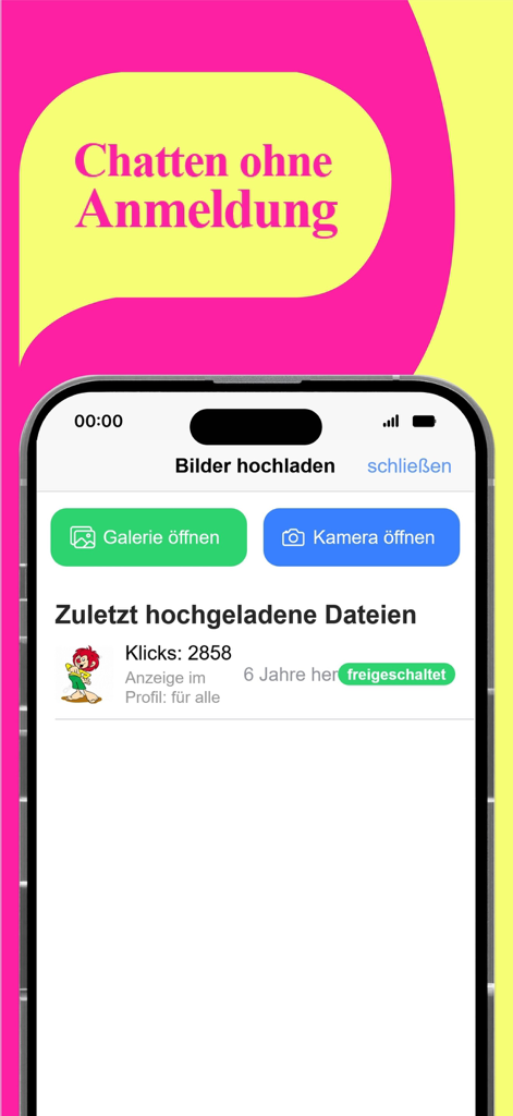 ChatRoom2000 - Chat & Flirt - ChatRoom2000 app screen showing image upload options for gallery and camera