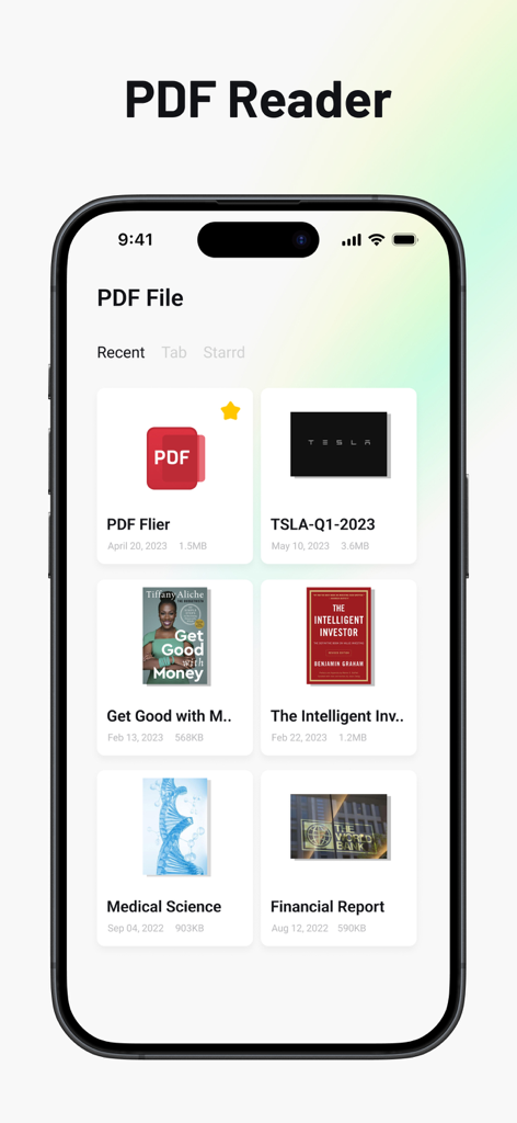 iPhone上の最近のドキュメントやレポートのグリッドを表示するPDF AIアプリのインターフェース