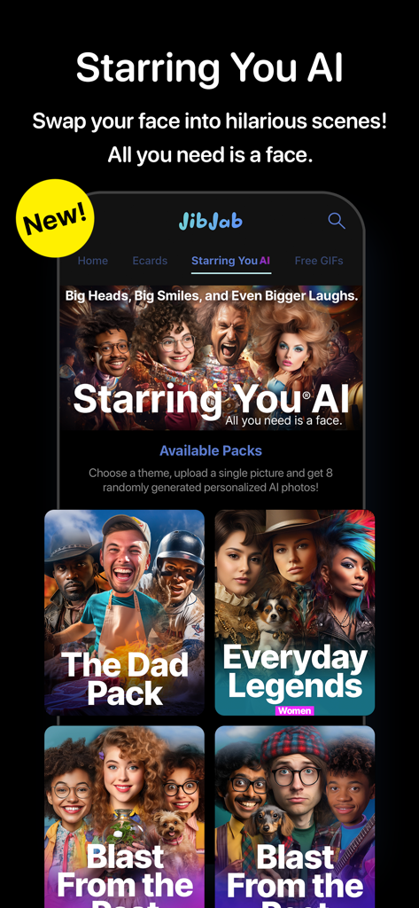 JibJab app Starring You AI interface for face swapping into funny scenes and theme packs