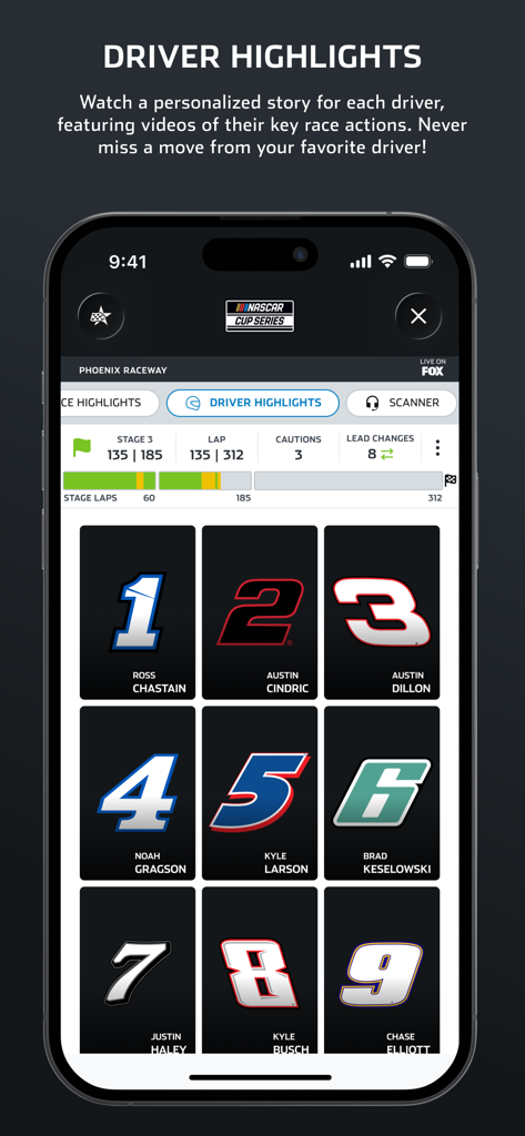 NASCAR MOBILE - NASCAR MOBILE app interface displaying driver highlights and race statistics