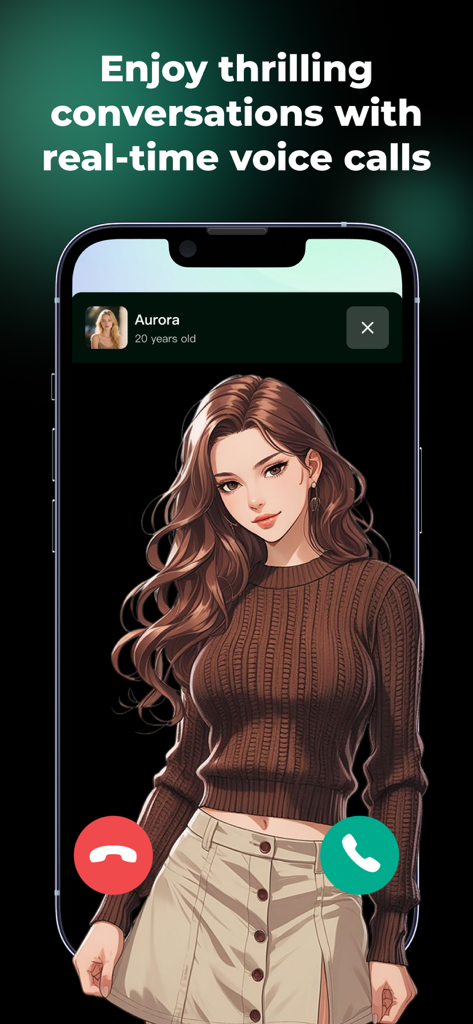 A smartphone screen displaying a real time voice call interface with an AI companion named Aurora