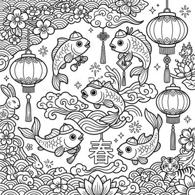 Immerse yourself in the joyful spirit of Lunar New Year with this charming coloring page featuring playful minnows. Discover a vibrant scene filled with traditional lanterns, intricate patterns, and auspicious symbols waiting for your creative touch.