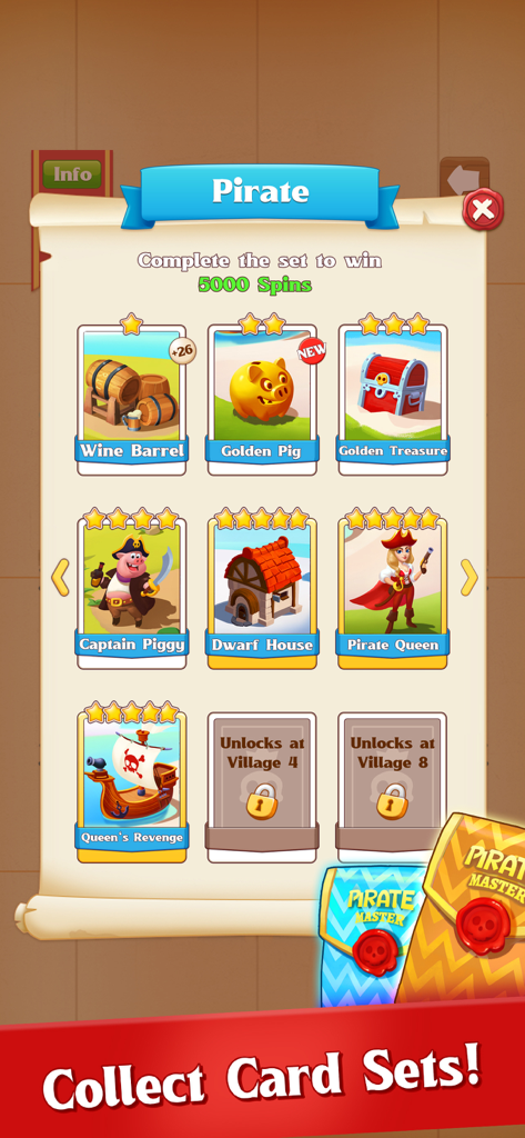 Pirate Master mobile game interface showing a pirate card set collection to earn free spins.