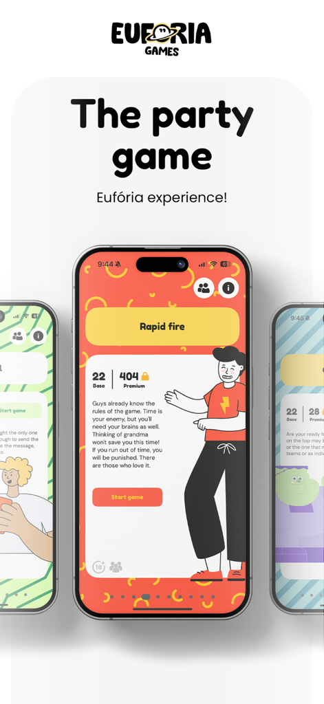 Eufória - The Party Game - Eufória Partygame Mobile App Oberfläche, die den Rapid Fire Spielmodus auf einem iPhone-Bildschirm zeigt