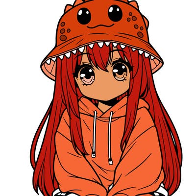 girl with anime shaped eyes with a dinosaur bucket hat oversized sweatshirt long straight hair