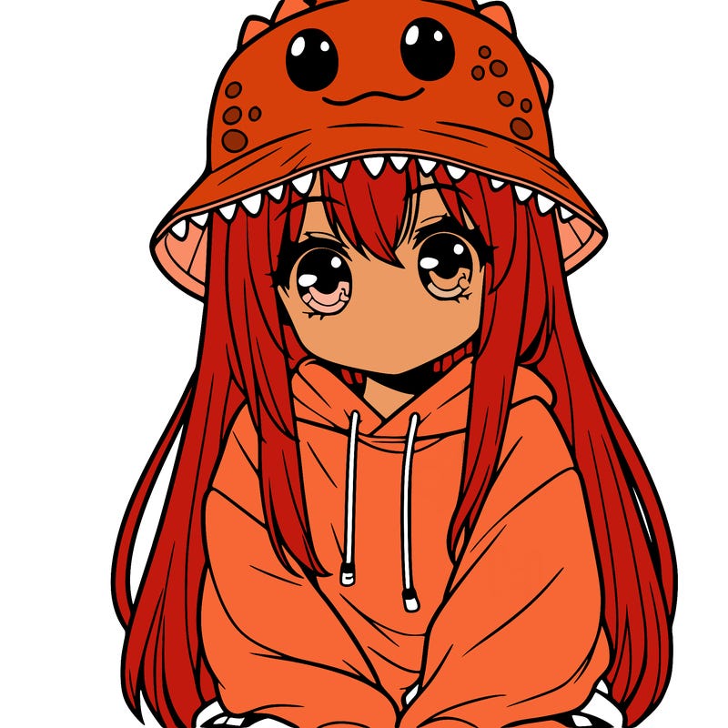 girl with anime shaped eyes with a dinosaur bucket hat oversized sweatshirt long straight hair