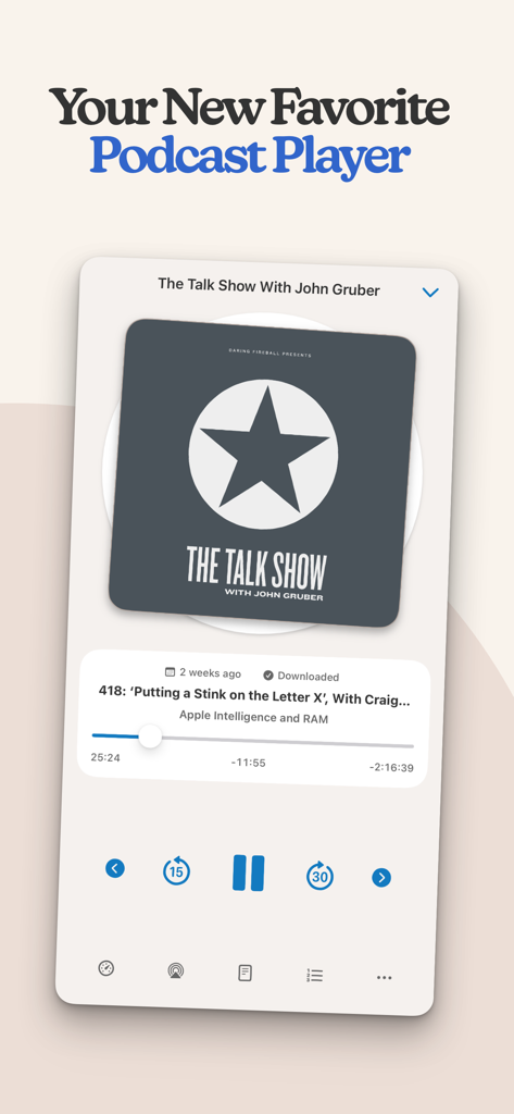Sofa: Downtime Organizer - Sofa app podcast player interface showing playback controls and show artwork