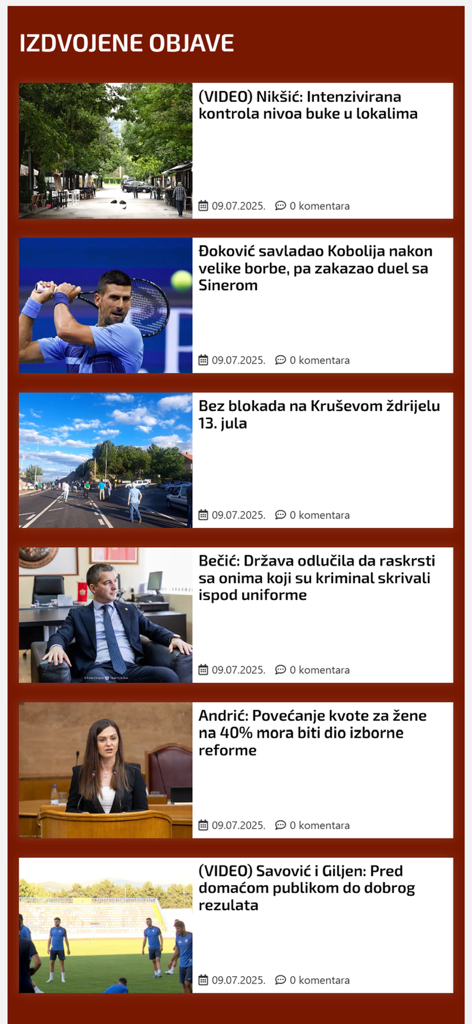 Portal RTNK - Affichage du fil d'actualités dans l'application Portal RTNK avec des gros titres sur les nouvelles locales de Niksic et le sport