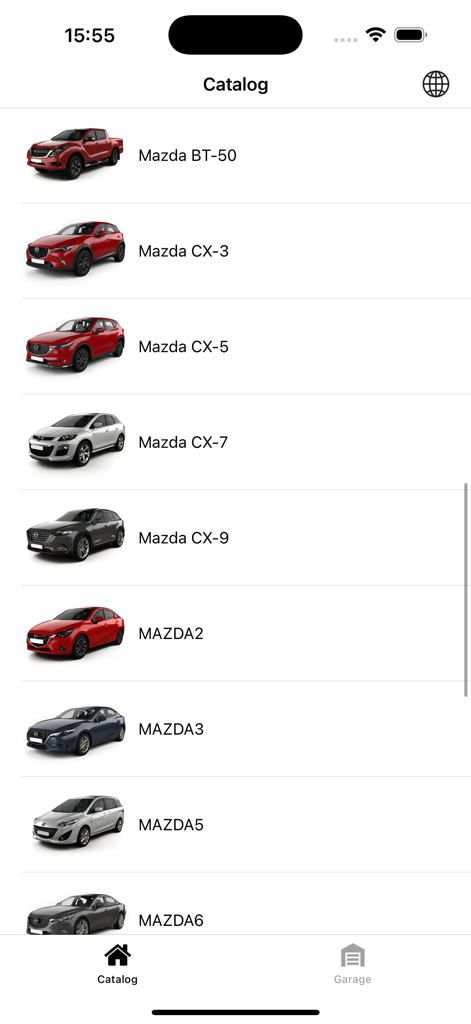 Katalogbildschirm der Mazda-Teile-App, der eine Liste von Fahrzeugmodellen wie CX-5 und Mazda3 anzeigt
