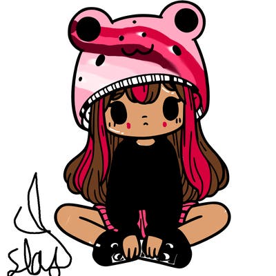 a girl wearing a frog hat and some frog socks