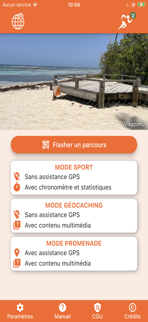 Vikazimut - Vikazimut app home screen showing sport geocaching and walk modes for orienteering navigation