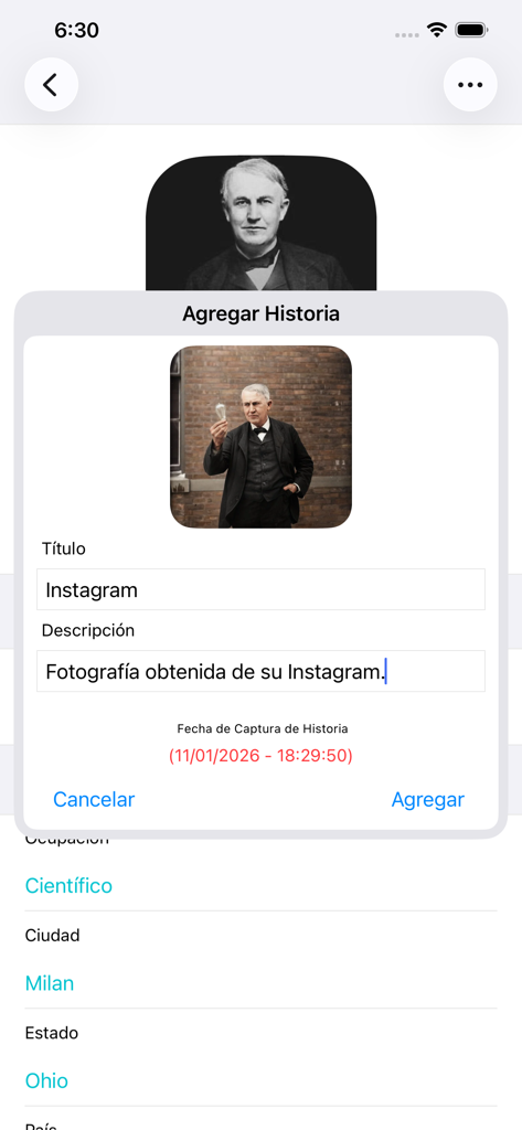 ContactLog - Interface of the ContactLog app showing a pop up window to add a history entry for a contact including a photo title and description