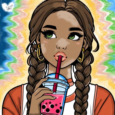 realistic girl with braided hair drinking boba