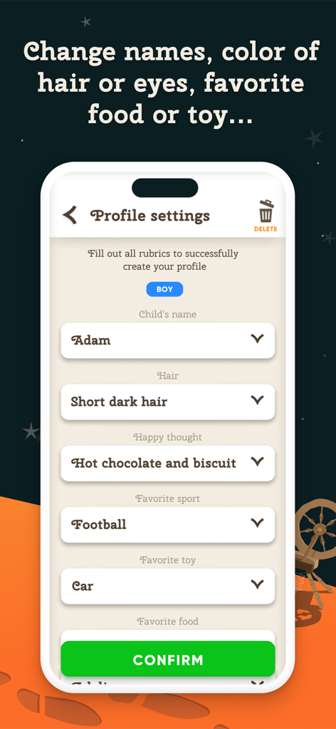 Storiezzz: Kids Fairy Tales - Pantalla de configuración de perfil infantil en la aplicación Storiezzz donde los padres pueden personalizar el nombre y las cosas favoritas de su hijo para historias personalizadas