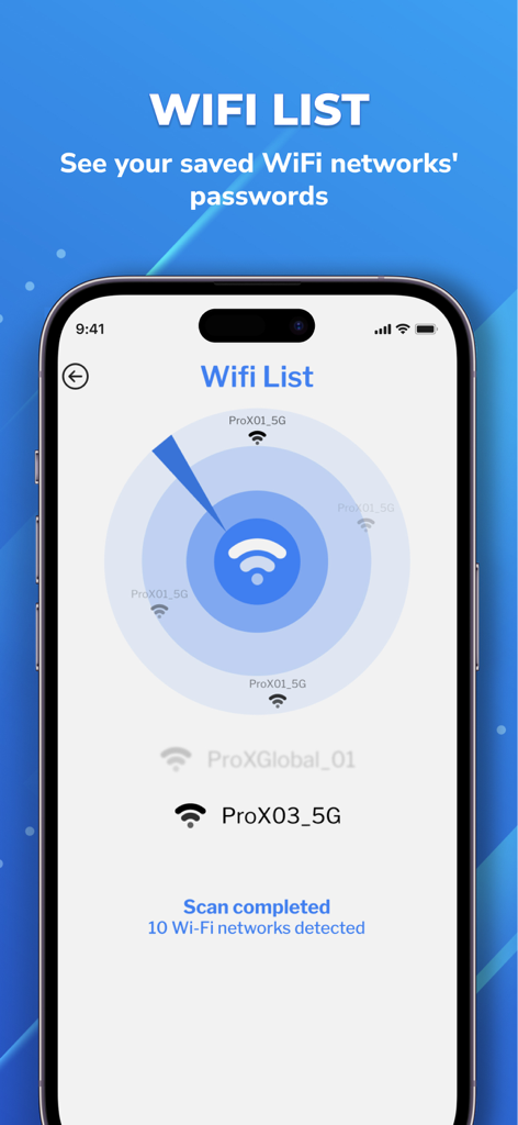 WiFi Password - WiFi Scan - Interface de l'application Scan WiFi montrant un radar de scan et une liste des réseaux à proximité