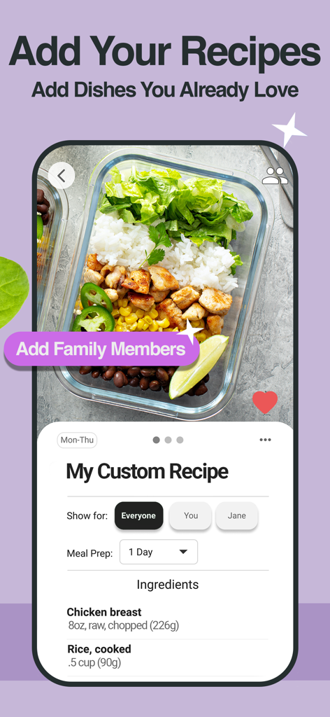 Screenshot of The Weight Gain App showing a custom recipe interface with ingredients like chicken and rice for meal planning.