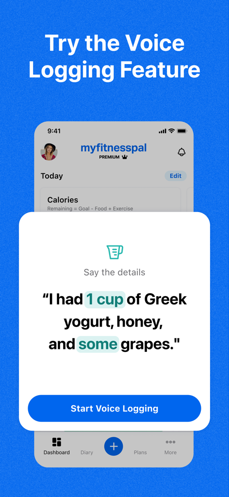 Interface of MyFitnessPal app demonstrating the voice logging feature with a sample food entry command.