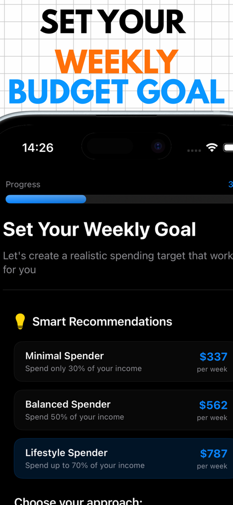 Weekly budget goal setting screen with smart spending recommendations in dark mode.