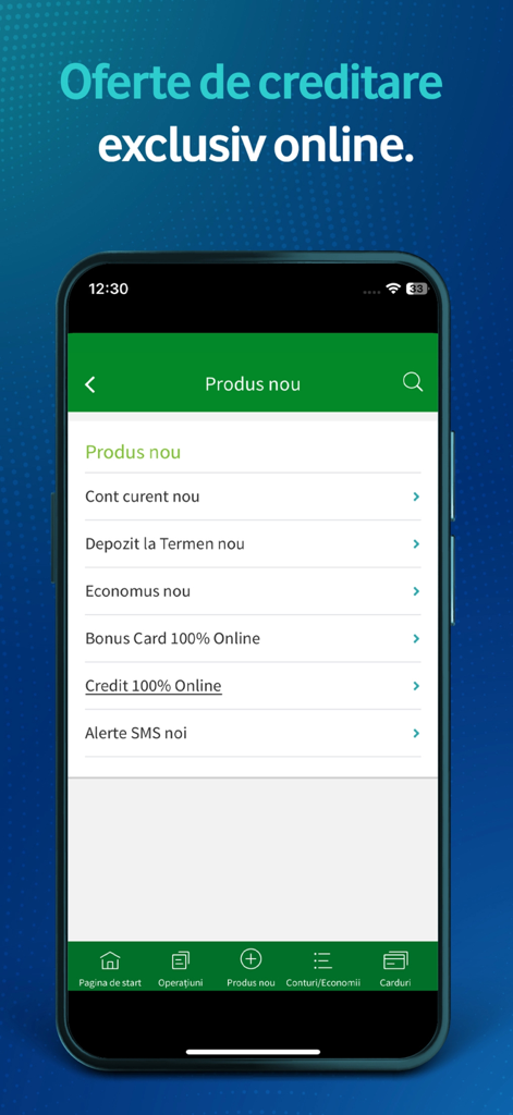 Garanti BBVA Romania - Mobile screen showing online banking products and credit offers in the Garanti BBVA Romania app