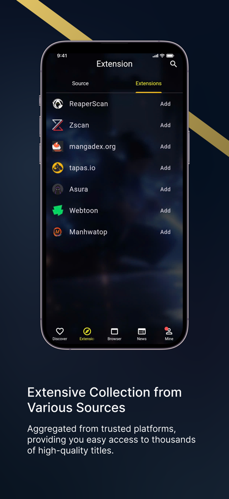 AsuraComic app showing a list of integrated manga sources and extensions like Webtoon and Tapas.