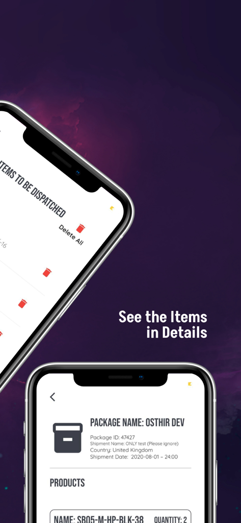 Inventory Keeper Application - Mobile app interface for tracking inventory and shipment package details.