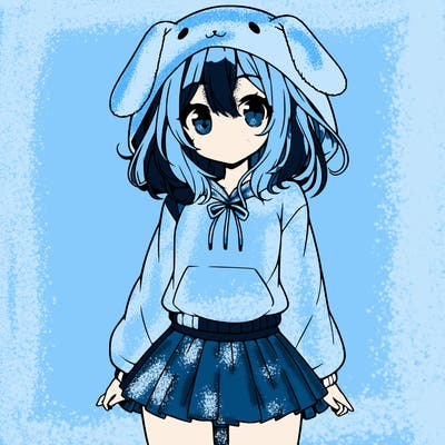 pretty anime girl wearing a fluffy hoodie with bunny ears on the hood and a skirt