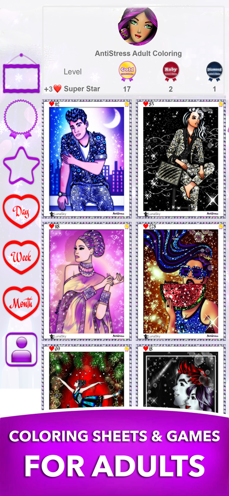 AntiStress Adult Coloring Book - A gallery view of the AntiStress Adult Coloring Book app interface featuring a collection of finished fashion illustrations and user achievement badges.