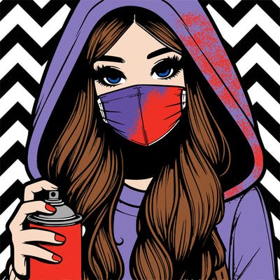 girl wearing a mask with long hair with her hood up spray-painting realistic