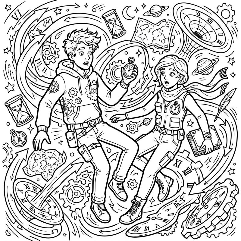 Dive into an extraordinary adventure with our Accidental Chrononauts coloring page, featuring two young explorers caught in a whirlwind of time. This intricate design invites you to bring their unexpected journey to life with your favorite colors.