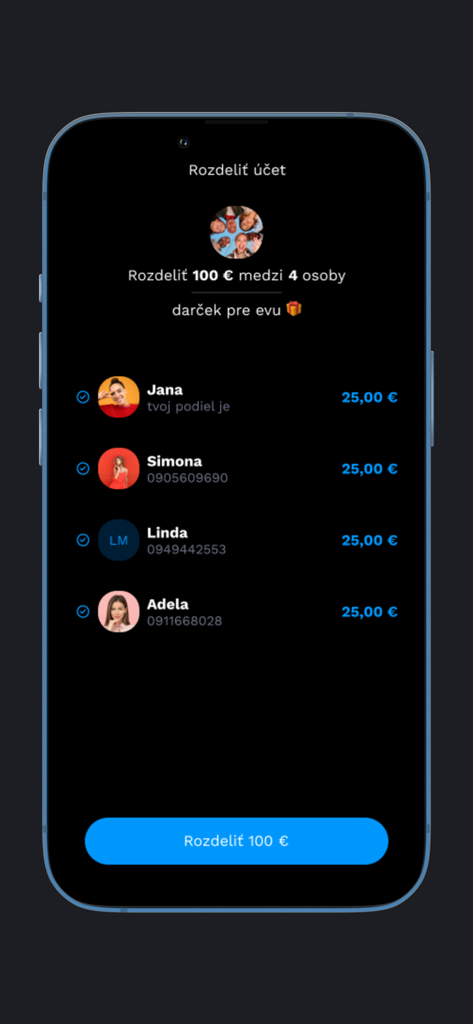 Tatra banka VIAMO - Tatra banka VIAMO app interface showing the split the bill feature for a group gift