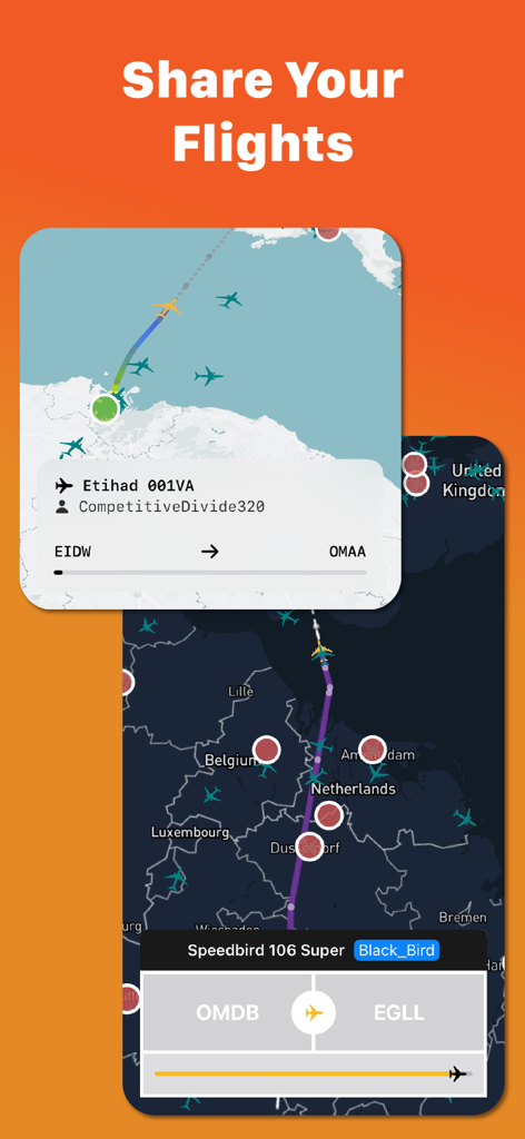 InfiniteInfo - Screenshot of the InfiniteInfo app displaying the Share Your Flights feature with live flight tracking maps and aircraft details.