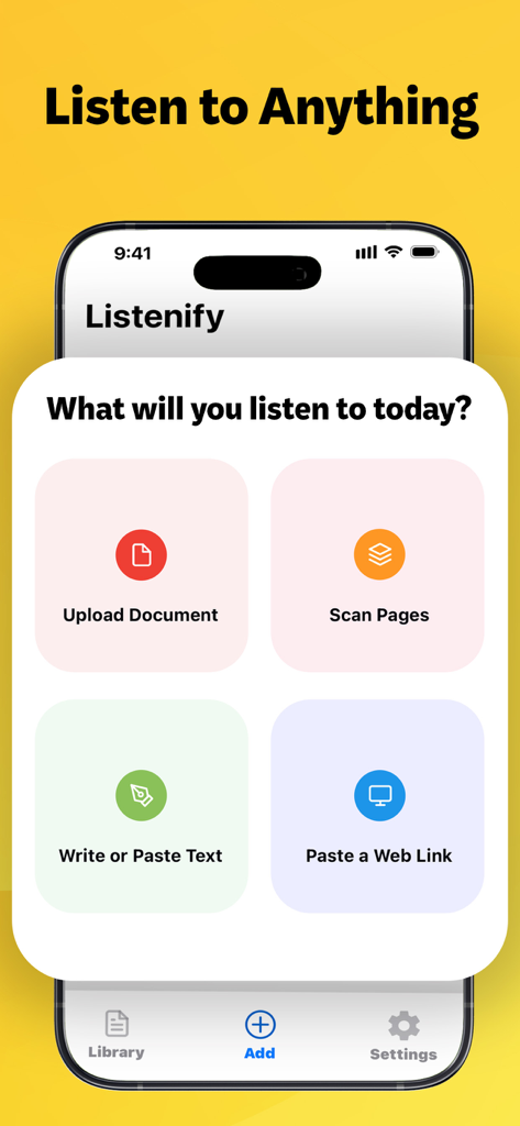 AI Text to Speech by Listenify - Panel de la aplicación Listenify que muestra opciones para cargar documentos, escanear páginas, pegar texto o usar enlaces web para la conversión de audio IA