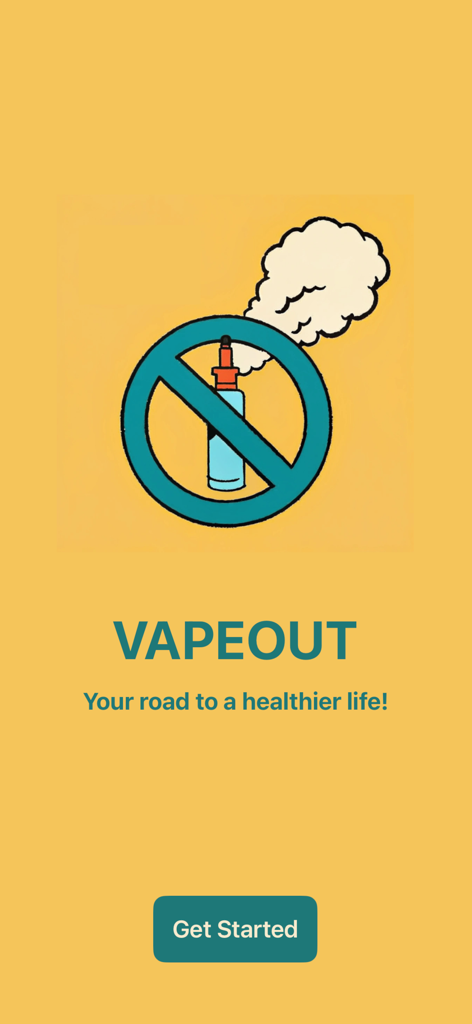 Vapeout - Pantalla de inicio de la aplicación Vapeout con un símbolo de no vapear y un botón de empezar en fondo amarillo