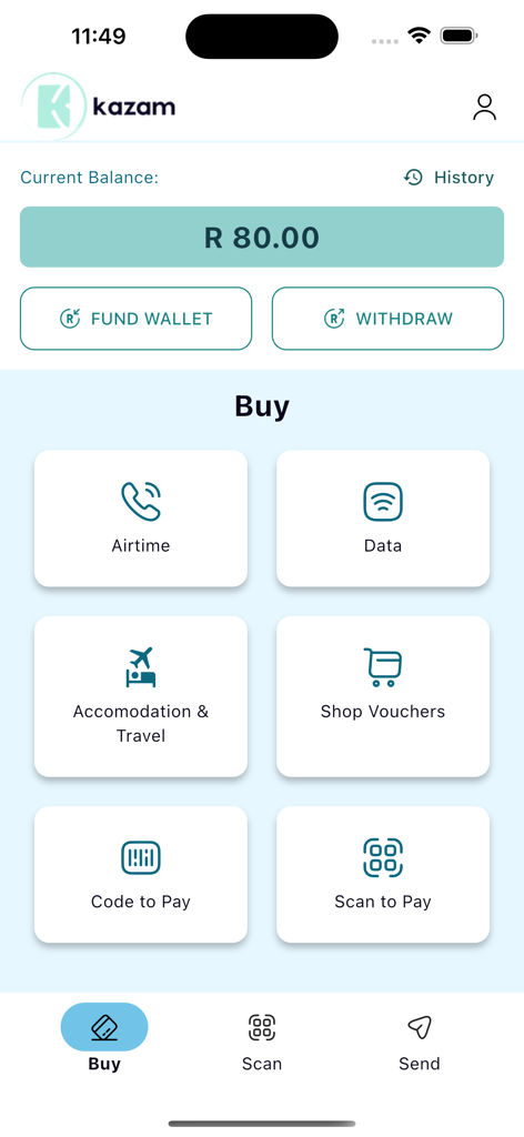 kazam - Pantalla de inicio de la aplicación móvil Kazam que muestra el saldo de la cuenta y las opciones para comprar tiempo aire, datos y vales de compra