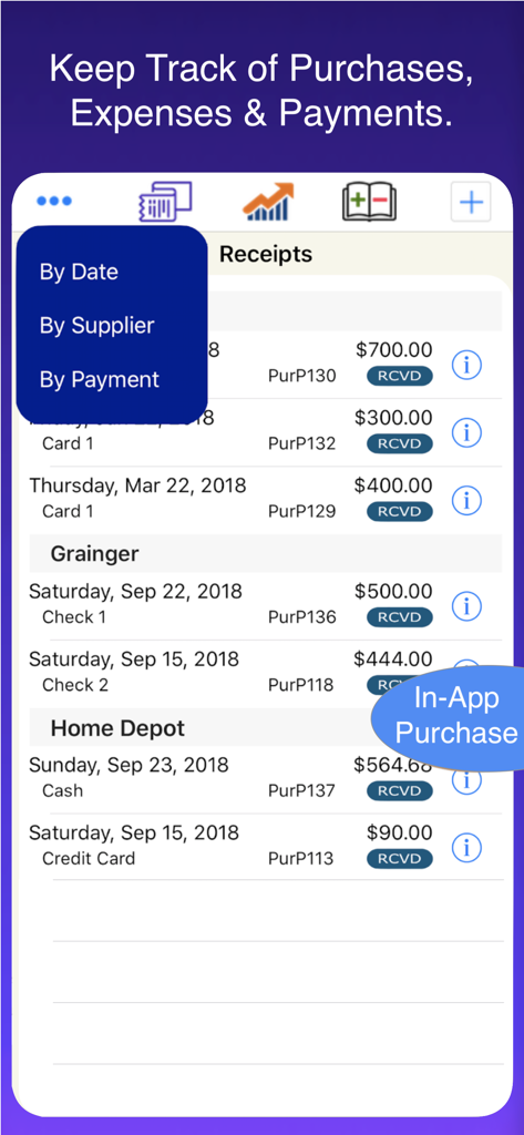 Interface do aplicativo móvel mostrando rastreamento de despesas e gerenciamento de recibos para empreiteiros HVAC
