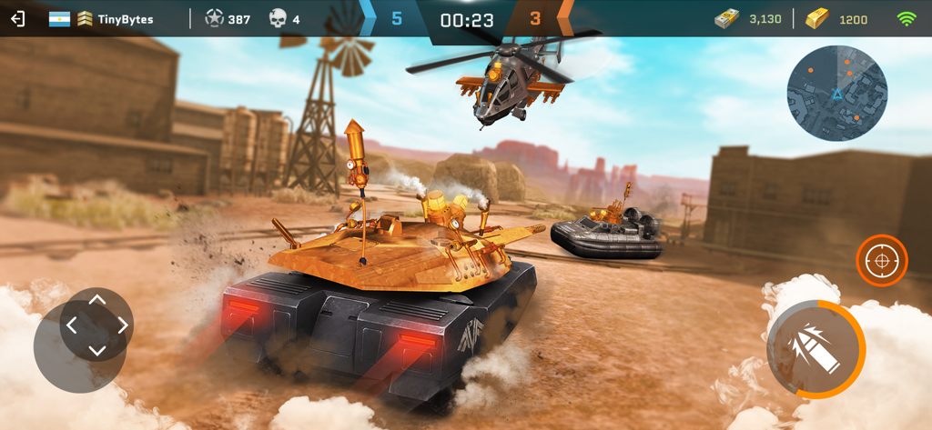 A golden tank and a combat helicopter in a desert battlefield during a PvP match in Massive Warfare.