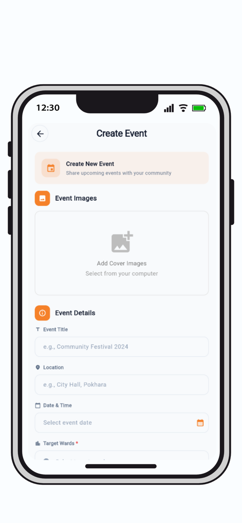 Interface of the We Pokhara app showing the create event screen with fields for title location and date