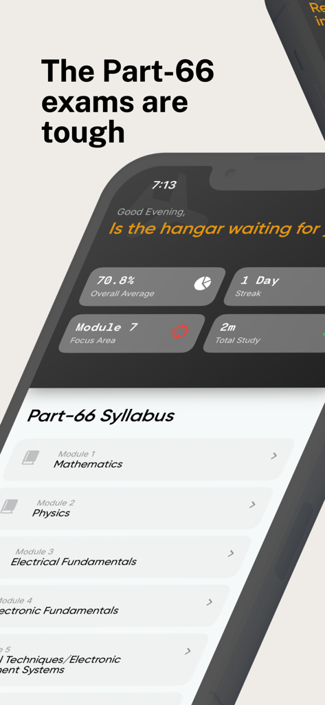 Part-66 Pro: EASA Mock Exam - Screenshot of the Part-66 Pro app showing the EASA exam syllabus and user study statistics