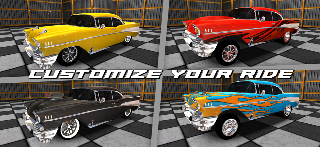 Door Slammers 2 Drag Racing - Four classic drag racing cars with different custom paint designs and engine modifications in a garage