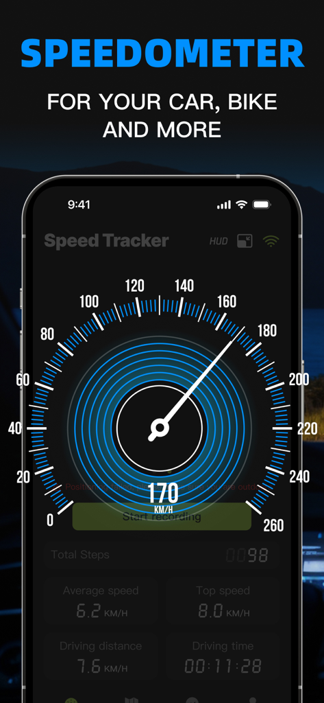 Speed Radar Bot: Speedometer - Speed Radar Bot mobile app interface showing a GPS speedometer dial and trip statistics including average speed and driving distance.