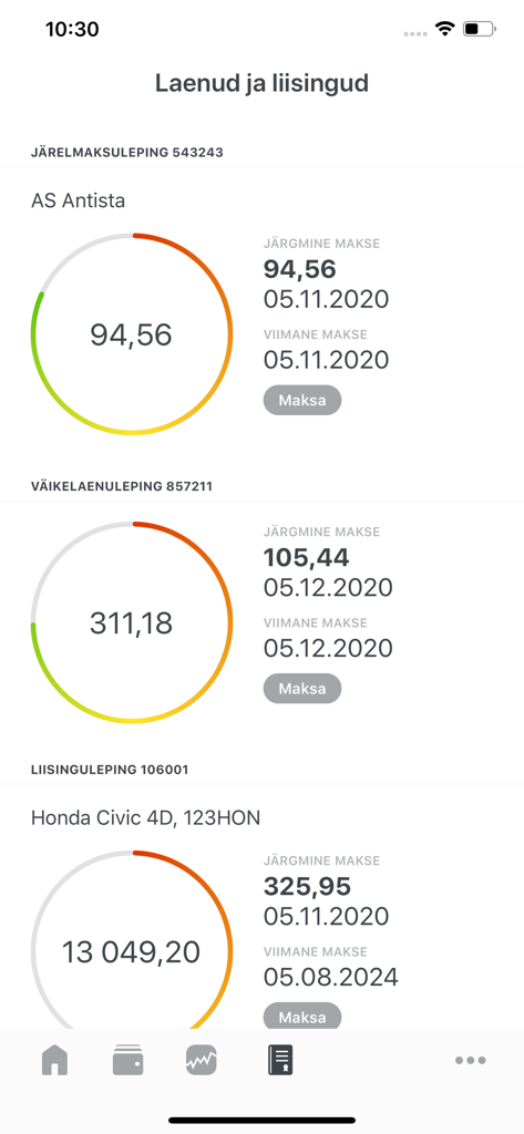 Interface do aplicativo LHV de celular mostrando acordos de empréstimo e leasing com informações de pagamento e círculos de progresso