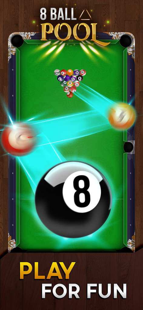 Pool Cash - Win 8 Ball Strike - Vista cenital de una mesa de billar verde con una formación de bolas y un gran gráfico del 8-ball promocionando el juego divertido.