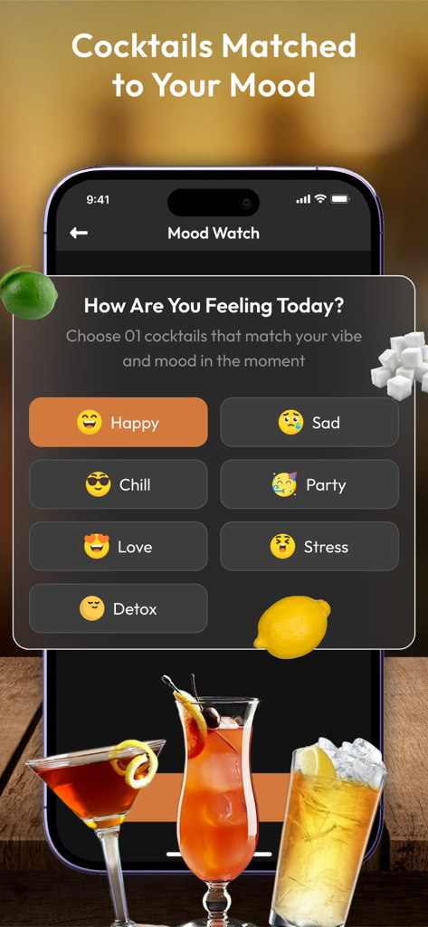 Interfaz de la aplicación móvil para combinar recetas de cócteles con el estado de ánimo del usuario, con opciones como Feliz Relajado y Fiesta