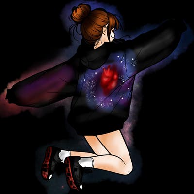 realistic girl jumping with a bun and oversized sweatshirt