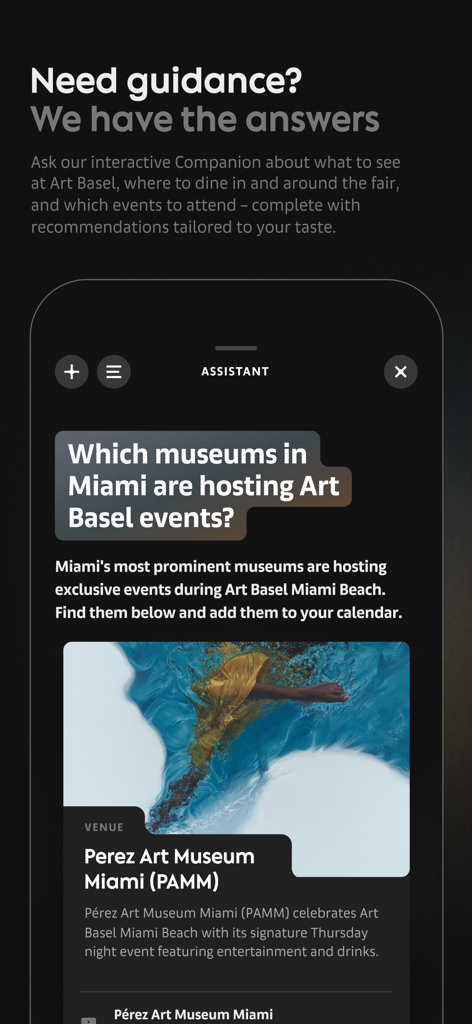 Art Basel - Official App - The Art Basel app AI assistant answering a user question about Miami events at the Perez Art Museum