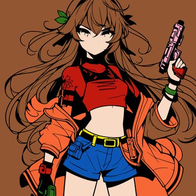 bad girl wearing crop top holding a gun long hair anime