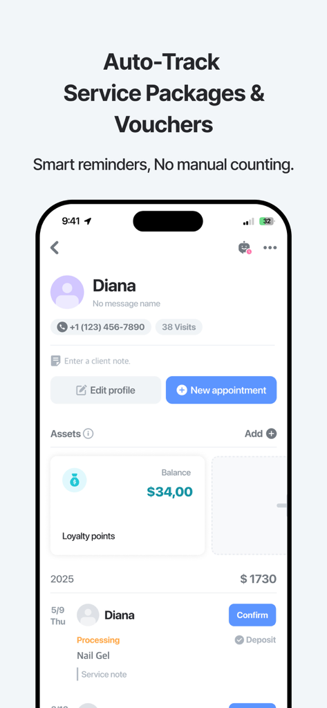 App ColavoSalon mostrando um perfil de cliente com histórico de visitas, saldo de fidelidade e rastreamento de pacotes de serviços.
